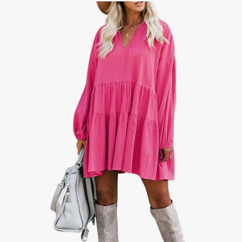 FANCYINN Shift Tunic Dress Ruffle Swing Babydoll Mini Long Sleevee Dress